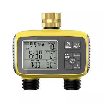 Plastic Brass Sprinkler Timer Outdoor 2-Zone Programmable Irrigation with Rain Delay Waterproof LCD Display