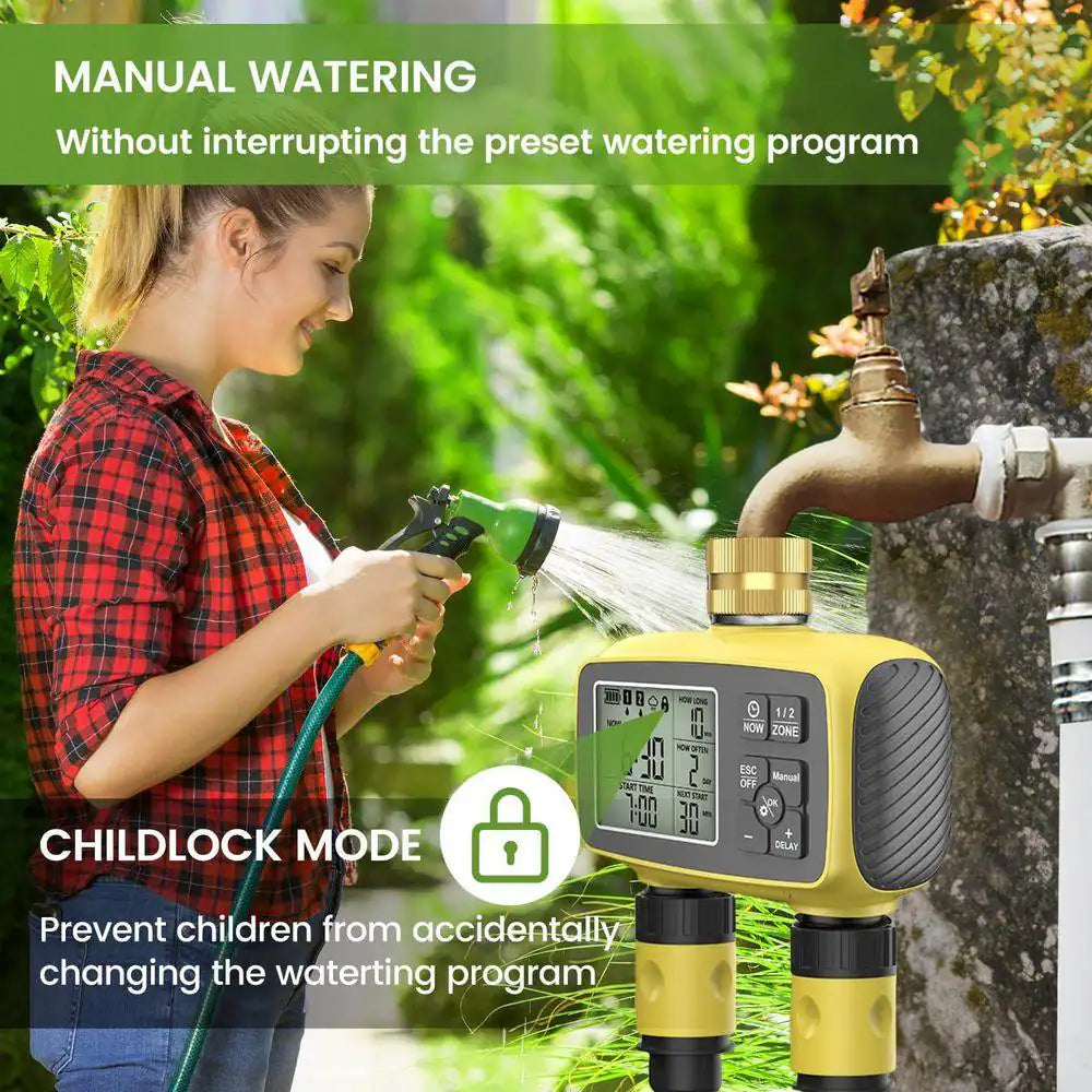 Plastic Brass Sprinkler Timer Outdoor 2-Zone Programmable Irrigation with Rain Delay Waterproof LCD Display