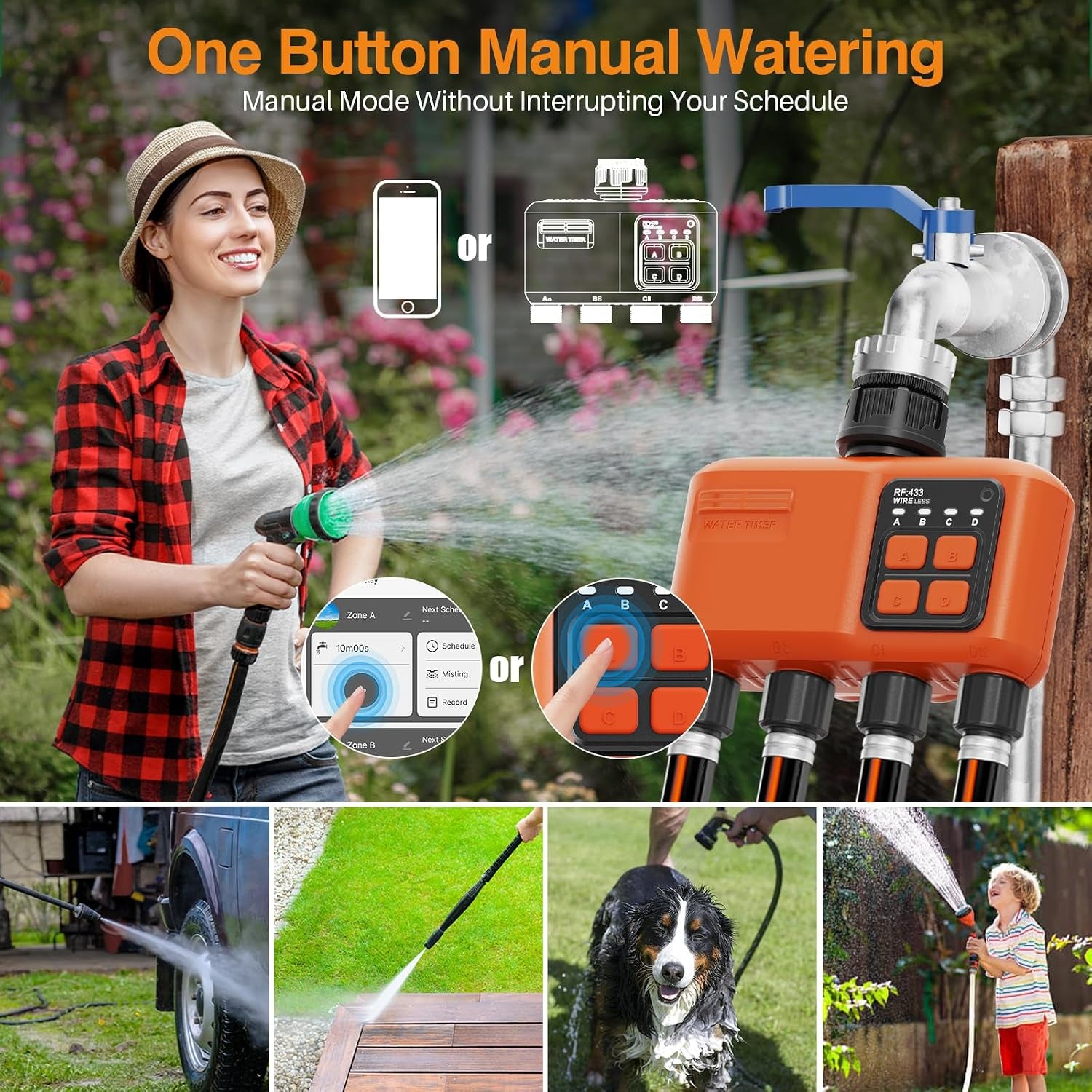 Smart Wifi Sprinkler Timer 4 Zone, Irrigation Controller for Garden Hose | 984 FT Wireless Range, APP Remote Control, Rain Delay and Multi-Zone Irrigation Control for Smart Garden Watering