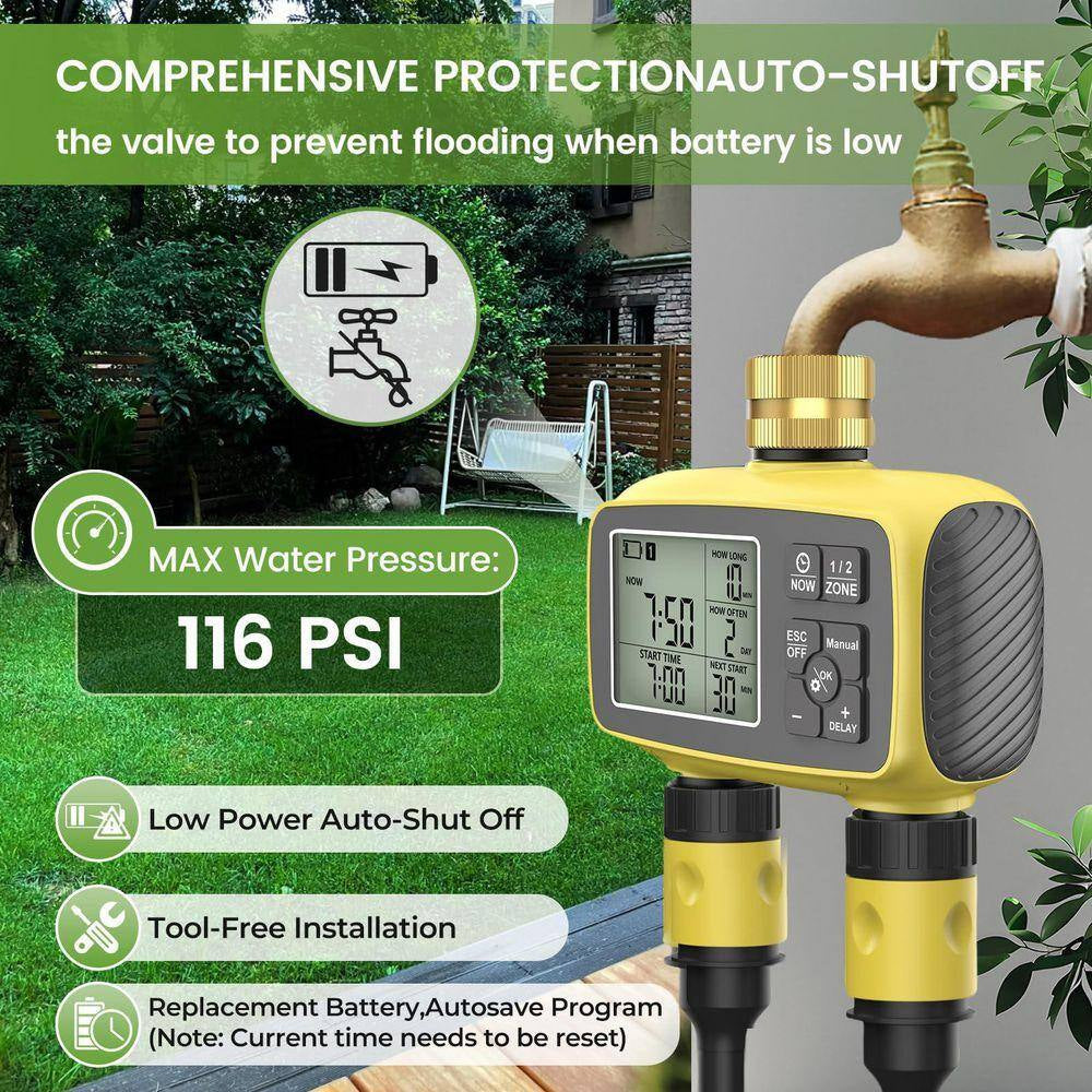 Plastic Brass Sprinkler Timer Outdoor 2-Zone Programmable Irrigation with Rain Delay Waterproof LCD Display