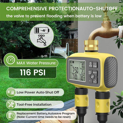 Plastic Brass Sprinkler Timer Outdoor 2-Zone Programmable Irrigation with Rain Delay Waterproof LCD Display