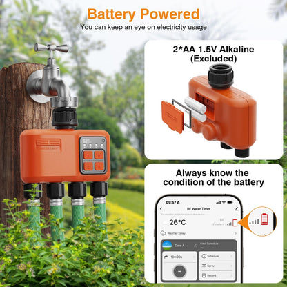 Smart Wifi Sprinkler Timer 4 Zone, Irrigation Controller for Garden Hose | 984 FT Wireless Range, APP Remote Control, Rain Delay and Multi-Zone Irrigation Control for Smart Garden Watering