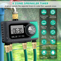 4-Outlet Sprinkler Faucet Timers with Brass Inlet, 4 Zone Programmable Water Timer, Automatic Digital Control