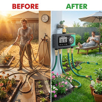 4-Outlet Sprinkler Faucet Timers with Brass Inlet, 4 Zone Programmable Water Timer, Automatic Digital Control — Before & After
