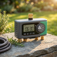 4-Outlet Sprinkler Faucet Timers with Brass Inlet, 4 Zone Programmable Water Timer, Automatic Digital Control — Studio Shot