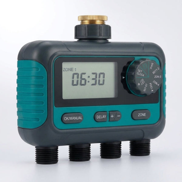 4-Outlet Sprinkler Faucet Timers with Brass Inlet, 4 Zone Programmable Water Timer, Automatic Digital Control — Studio Shot