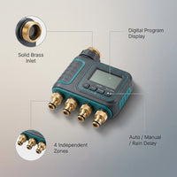 4-Outlet Sprinkler Faucet Timers with Brass Inlet, 4 Zone Programmable Water Timer, Automatic Digital Control — infographic