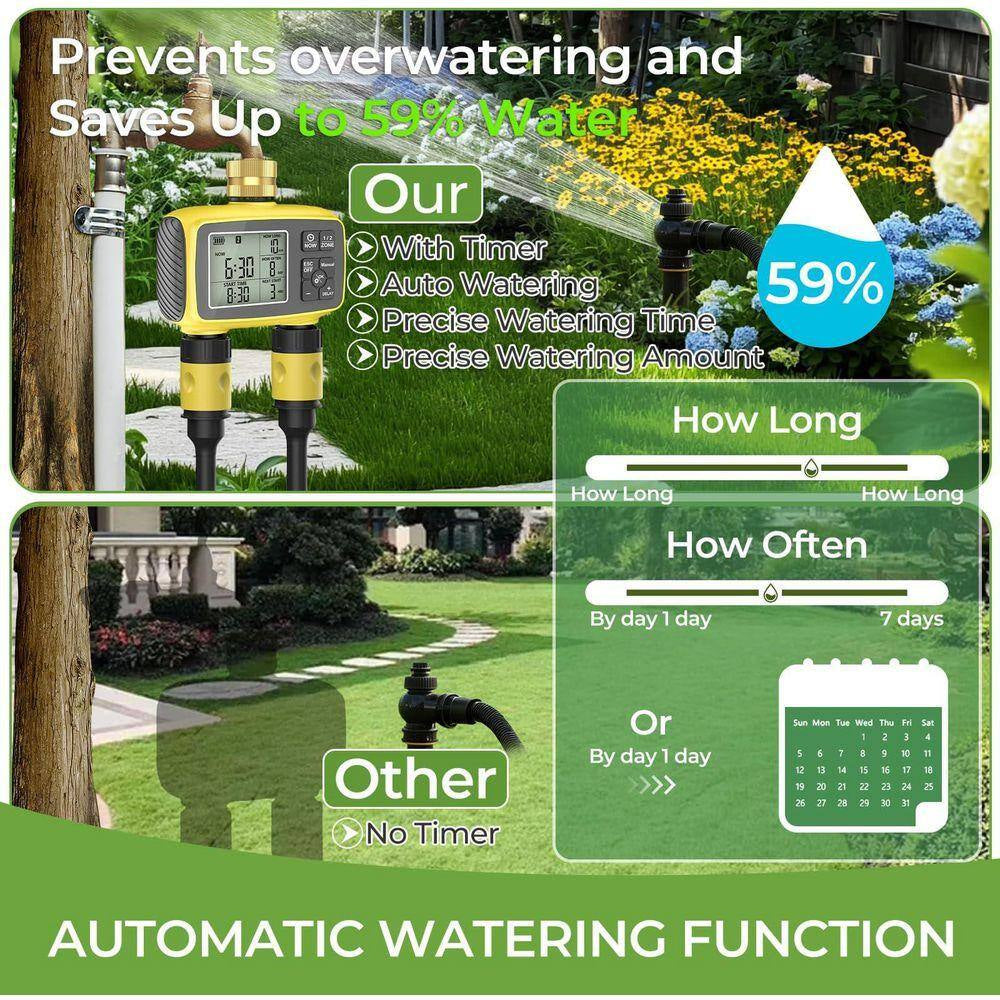 Plastic Brass Sprinkler Timer Outdoor 2-Zone Programmable Irrigation with Rain Delay Waterproof LCD Display