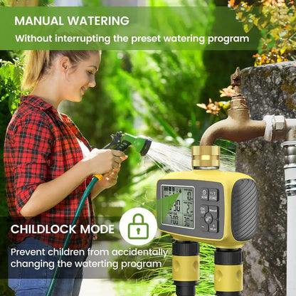 Plastic Brass Sprinkler Timer Outdoor 2-Zone Programmable Irrigation with Rain Delay Waterproof LCD Display