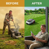 I215 8.6 In. Robot Lawn Mower (1/2 Acre) Lidar + Vision, Auto Mapping, App Control, Multi-Zone, AI Obstacle Avoidance — Before & After