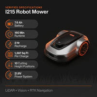 I215 8.6 In. Robot Lawn Mower (1/2 Acre) Lidar + Vision, Auto Mapping, App Control, Multi-Zone, AI Obstacle Avoidance — Results & Stats