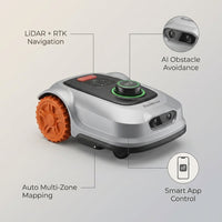 Robot Lawn Mower Built for Half-Acre Yards, LiDAR Navigation, AI Vision, Multi-Zone Mapping, App Control — infographic