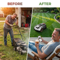 X5 AWD Wireless 8 In. Robot Lawn Mower for 0.5 Acre, No Boundary Wire, RTK plus Vision, AI Obstacle Avoidance — Before & After