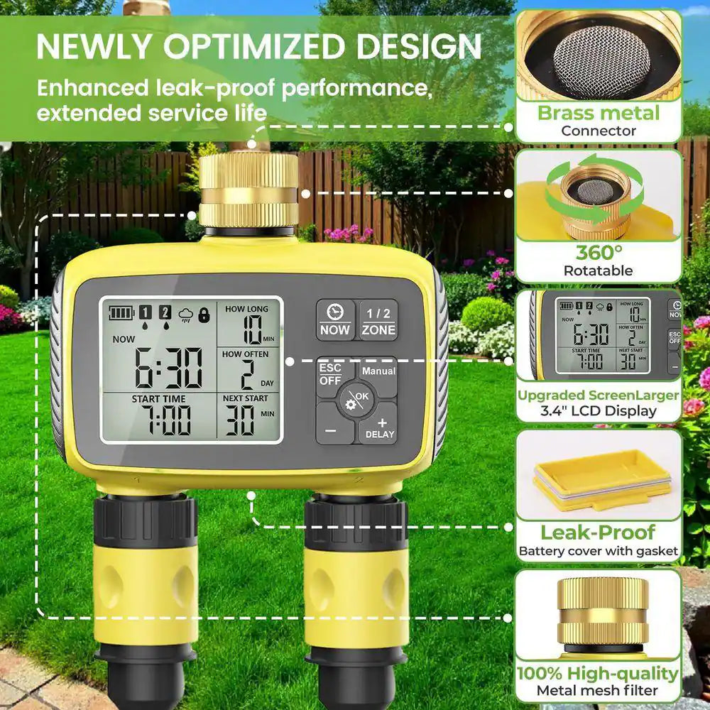 Plastic Brass Sprinkler Timer Outdoor 2-Zone Programmable Irrigation with Rain Delay Waterproof LCD Display