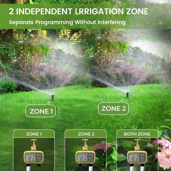 Plastic Brass Sprinkler Timer Outdoor 2-Zone Programmable Irrigation with Rain Delay Waterproof LCD Display