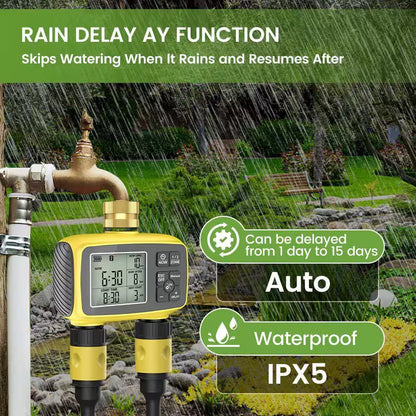 Plastic Brass Sprinkler Timer Outdoor 2-Zone Programmable Irrigation with Rain Delay Waterproof LCD Display